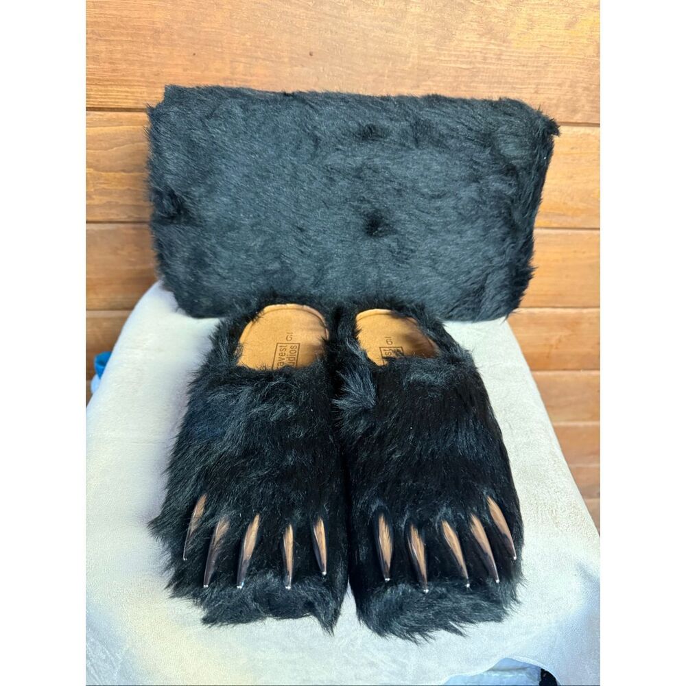Bravest Studios "Black Bear Claw Mules" black faux fur upper silver steel claws